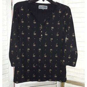Karen Scott Blouse Size Small Gold Embellished Flowers And Buttons 3/4 Sleeve